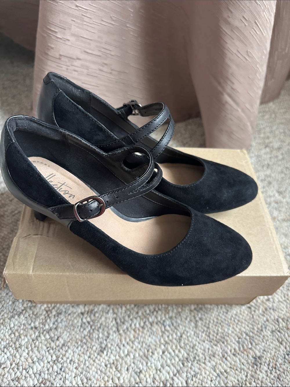 Clarks Black Suede Mary Jane Heels with Double Strap